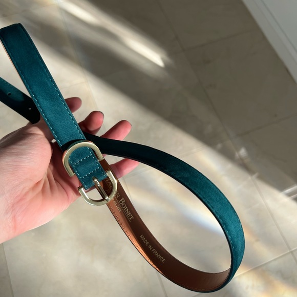 Maison Boinet Skinny Nubuck Leather Belt in Deep Turquoise w Gold Buckle 75 - Picture 3 of 16
